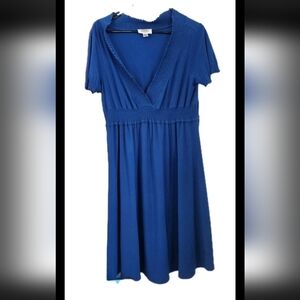 Talbots Blue A-Line Sping/Summer Dress Short Sleeve V-Neck Knee Length